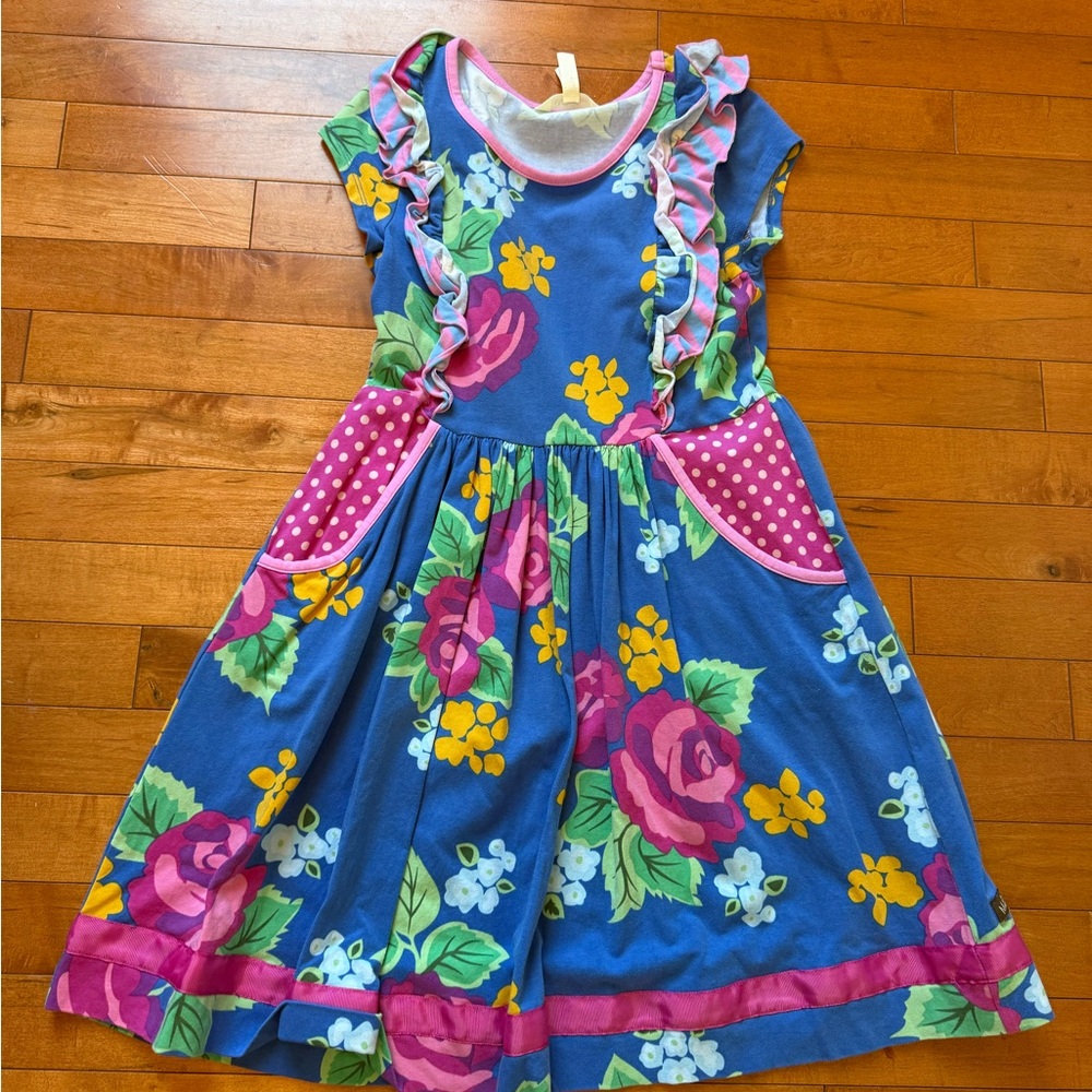 Matilda Jane Blue Floral Ruffle Pocket Dress with Pink Accents